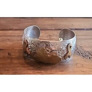 German Silver Engraved Pattern Bracelet With Motorcycle & Cancer Awareness. Rare